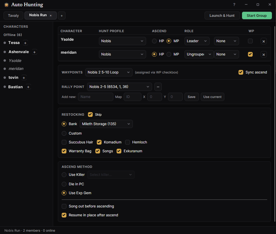 The Auto Hunting window: group members, hunt profile, rally point, restocking and ascend method