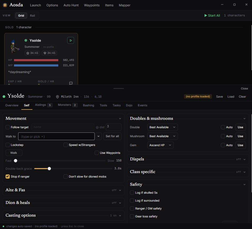 The Inspector on a character's Self page, with the movement and safety options