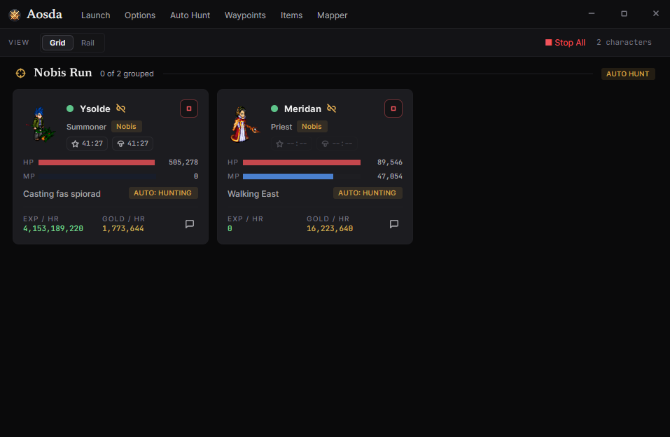The Aosda dashboard: a character tile grid with a hunting group running