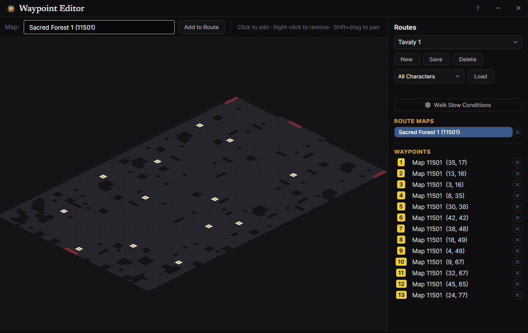 The Waypoint Editor: a map drawn with its walls, and a route of placed tiles